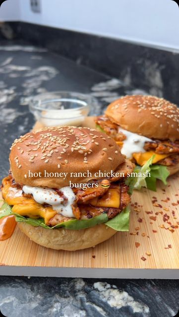 Hot Honey Chicken Smash Burger, Hot Honey Ranch Chicken Smash Burgers, Hot Honey Chicken Burger, Chicken Burgers Ground, Chicken Smash Burger, Chicken Ranch Burgers, Smashed Chicken, Honey Hot Sauce, Eat More Chikin