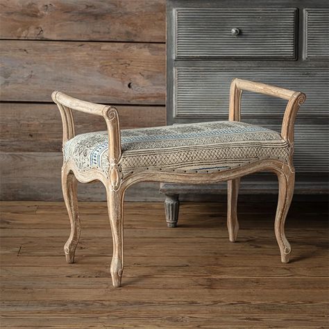 <p>Our <strong>French Country Farmhouse Vanity Bench</strong> is full of vintage-inspired charm that will suit your living room, foyer, or bedroom. Featuring a curved frame with a whitewashed finish and French-inspired upholstery, this chic seat will highlight any space in farmhouse fashion. Use this gorgeous wood bench with a cushioned seat top at the end of your bed, in your closet, in your entry, or as a gorgeous vanity chair.</p> Antique Bed Bench, French Country Vanity, Farmhouse Fashion, Small Library, French Country Farmhouse Decor, French Bench, Cottage French, Antique Bench, Farmhouse Vanity