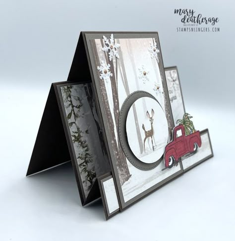 Stampin’ Up! Trucking Along Faux Side-Step Fun Fold Card for the Amy’s Inkin’ Crew Blog Hop | Stamps – n - Lingers Faux Side Step Card Tutorial, Stampin Up Step Cards, Faux Side Step Card, One Horse Open Sleigh Stampin Up Cards, Stampin Up Valentine Cards, Chrismas Cards, Side Step Card, One Horse Open Sleigh, Slider Cards