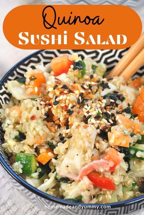 Quinoa Sushi Salad | Homemade & Yummy Tuna Salad Sushi, Sushi Cucumber Salad, Sushi With Quinoa, Quinoa Salad With Shrimp, Quinoa Sushi Rolls, Cauliflower Rice Sushi Bowl, Deconstructed Sushi, Salad Homemade, Sushi Salad