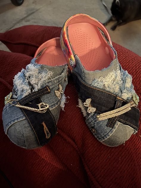 Blue Jeans & Bling Jean Crocs, Jean Uggs Diy, Denim Crocs Diy, Denim Crocs, Denim Uggs, Denim Slippers Diy Old Jeans, Blue Bling Crocs, 8th Grade Outfits, Squad Outfits