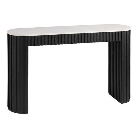 A refined mixedmaterial statement piece, the Corey console table contrasts a fluted wood base in a dark onyx finish with a genuine white marble top. Pulling art deco-inspired design into the modern era, this contemporary accent table saves space in style with its textured column-like legs and smooth rounded surface. This elegant two-tone table is a bold addition to any room, hallway or entry. Fluted Console Table, Fluted Console, Modern Console Table Entryway, Fluted Table, Two Tone Table, Unique Console Table, Fluted Wood, Console Table Entryway, Instyle Decor