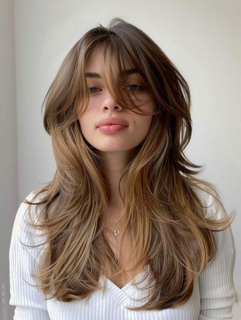 Long Bangs Textured Layers, Simple Curtain Bangs, Long Bangs With Layers, Whispy Curtains Bangs With Long Hair, Layered Hair Curtain Bangs, Curtain Bangs Layered Hair, Hairstyle With Color, Long Layers And Curtain Bangs, Long Layers With Curtain Bangs