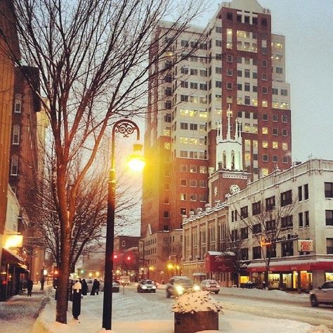 Downtown Elm Street in Manchester, New Hampshire. Manchester New Hampshire, New Hampshire Snow, New Hampshire Downtown, Manchester Nh, Port Smith New Hampshire, Santa’s Village New Hampshire, Maine New England, New Hampshire Lighthouses, Free State