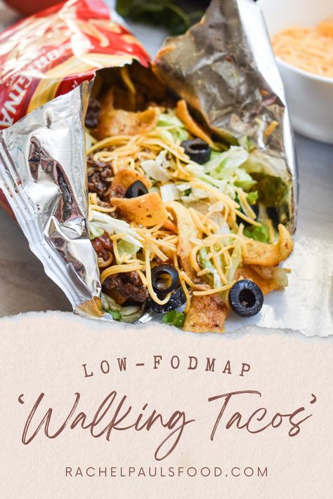 Low-FODMAP & Gluten-free Walking Tacos | Rachel Pauls Food Low Fodmap Chicken Tacos, Low Fodmap Taco Seasoning, High Protein Low Fodmap Meals, Low Food Map Recipes, Low Food Map, Low Fodmap Lunch Ideas, Fodmap Dinner Recipes, Fodmap Baking, Fodmap Meals