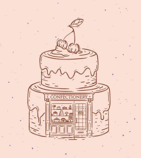 Cake a storefront of confectionery drawing in vintage style on peach color background Bakery Shop Drawing, Vintage Cake Drawing, Peach Color Background, Birthday Cake Illustration, Cake Drawing, Cake Illustration, Vector Brush, Grand Budapest, Background Background