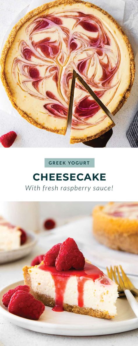 This is our signature Greek Yogurt Cheesecake recipe (AKA Healthy Cheesecake). It's made with cream cheese, Greek yogurt, honey, and a homemade raspberry sauce Healthier Cheesecake, Healthy Cheesecake Recipes, Greek Yogurt Honey, Cream Cheese Cheesecake, Greek Yogurt Cheesecake, Yogurt Cheesecake, Yogurt Honey, Cream Cheese Pie, Healthy Cheesecake