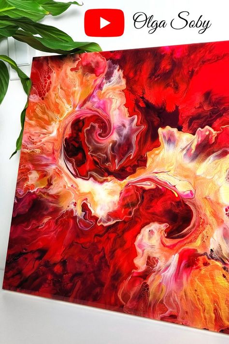 Golden Flow on a deep multi-red base. This blowing or dutch pour technique requires a very fluid consistency, allowing the most beautiful lacing, cells, and color transition with the most simple pouring recipe. I hope you enjoyed the process and looking forward to hearing from you! Happy creating! Dutch Pour Painting, Golden Phoenix, Wall Art Tutorial, Color Transition, Acrylic Painting Diy, Abstract Art Painting Techniques, Nature Art Drawings, Acrylic Pouring Techniques, Abstract Painting Techniques