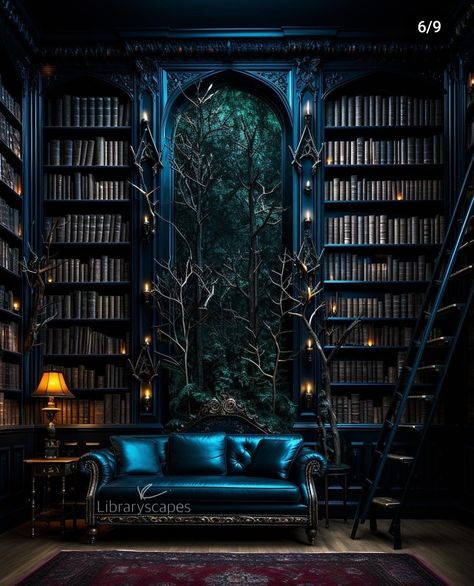 Ravenclaw Library, Blue Library Aesthetic, Dark Blue Library, Academia Interior, Blue Library, Dark Academia Interior, Ravenclaw Common Room, Gothic Library, Ancient Library