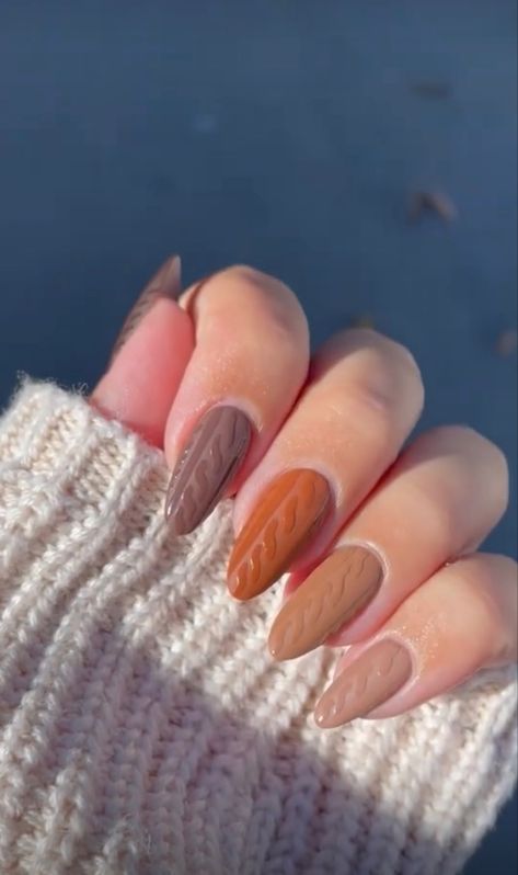 Fall Brown Almond Nails, Sweater Nails Brown, Almond Sweater Nails, Almond Fall Brown Nails, Fall Nail Designs Almond Shape Brown, Brown Sweater Nails, Fall Brown Open Knit Sweater, Fall Sweater Nails, Sweater Nails