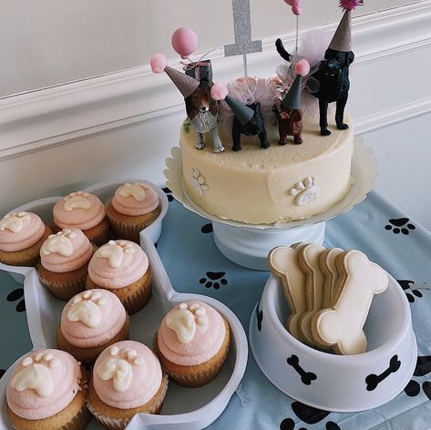 First Birthday For Dog, Dog Themed Pool Party, Puppy Party Cake Ideas, Dog Party Cupcakes, Puppy Party Cupcakes, Puppy First Birthday Party Dogs, Female Dog Birthday Party Ideas, Two Let The Dogs Out Party Cake, 1 Year Dog Birthday