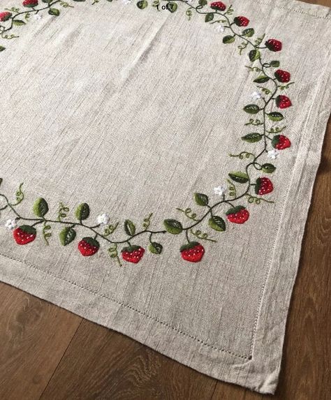 Strawberry linen tablecloth Tablecloth Embroidery Ideas, 100 Crochet Stitches, Strawberry Baby, Linen Tablecloth, Cottage Decor, Embroidery Projects, Christmas Tree Skirt, Crochet Stitches, Placemats