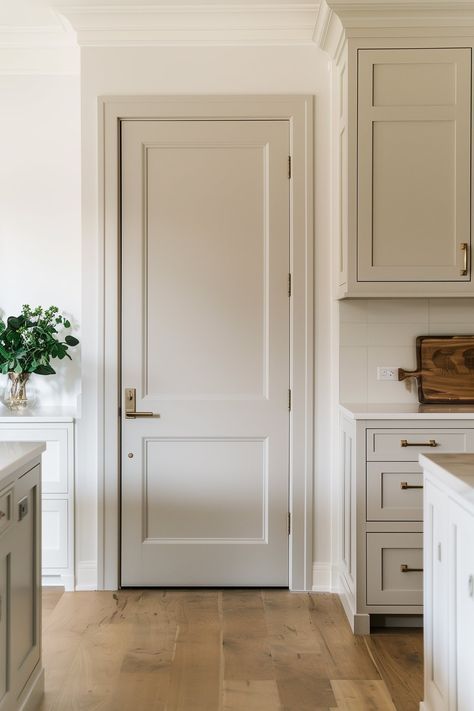 Trim Color With White Walls, White House Accent Door, Door Remodel Interior, Trim And Paint Ideas, Shiplap Entire House, Sliding Door Painting Ideas, White Walls Paint Color, Best White Bedroom Paint Colors, Edgecomb Gray Trim White Walls