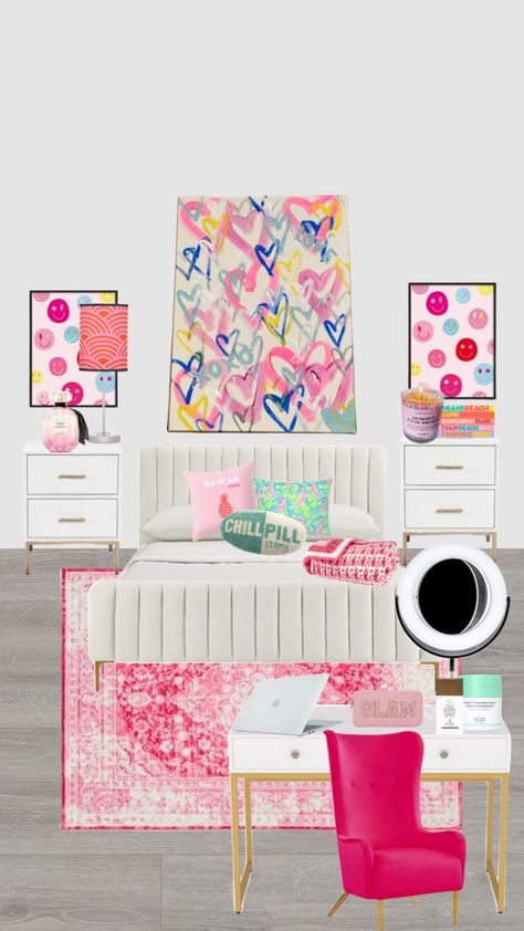 preppy pink room!! #pink #summer #room #preppy #preppyinspo #preppysummer #preppyroom #preppyroominspo #roomdecor #preppydecor #bedroom #beachvibes #preppybedroom #preppyvibes #drunkelephant #scl #bed Fun Modern Bedroom, Bedroom Ideas With Pop Of Color, Hot Pink Room Aesthetic, Preppy Dorm Room Ideas, Wallpapers Classic, Preppy Bedroom Decor, Coastal Cottage Style, Preppy Bedroom, College House