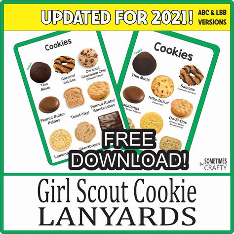 Free LBB & ABC Girl Scout Cookie Card Lanyard Printables - Sometimes Crafty Girl Scout Cookie Rally Activities, Girl Scout Cookie List, Girl Scout Cookie Printables, Girl Scouts Cookies, Daisy Activities, Selling Girl Scout Cookies, Abc Cookies, Girl Scout Daisy Activities, Bridging Ceremony