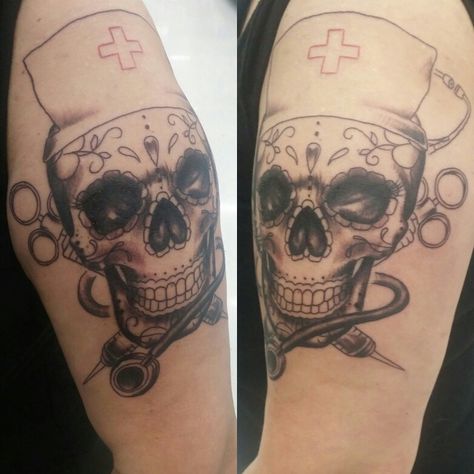 Nurse Skull Tattoo, Skull Tattoos For Women, Emily Walker, Sugar Skull Tattoo, Garter Tattoo, Rosary Tattoo, Nurse Tattoo, Tattoos Quotes, Ankle Bracelet Tattoo