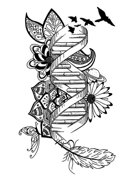 Biology Drawing Art, Dna Tatoos, Dna Art Illustrations, Dna Drawing Art, Biology Art Design, Biology Art Draw, Dna Art Design, Biology Drawing Ideas, Bio Drawing