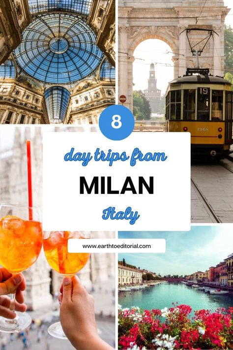 A collage of images featuring an aperol spritz, the Italian city of Milan, and a beautiful river in Italy. Day Trip From Milan, Day Trips From Milan, Travel To Rome, Things To Do In Milan, To Do In Milan, Rome Italy Travel, Milan Travel, Rome Travel Guide, Day Trip Ideas