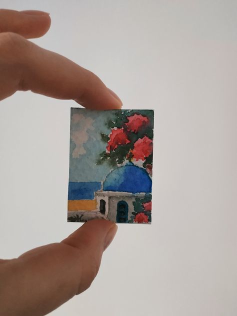 Miniature Watercolor Paintings, Santorini Painting, Tiny Watercolor, Greece Painting, Miniature Watercolor, Castle Painting, Greece Art, Bicycle Painting, Small Canvas Paintings