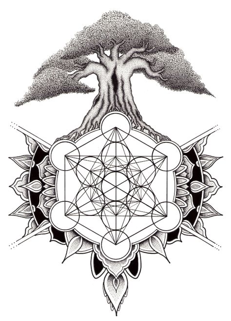 Metatrons Cube Tattoo Design, Metatron Cube Tattoo, Metatron Tattoo, Geometry Tattoo Design, Geometric Throat Tattoo, Dotted Tattoo, Tree Mandala, Tato Mandala, Geometric Tattoo Sleeve Designs