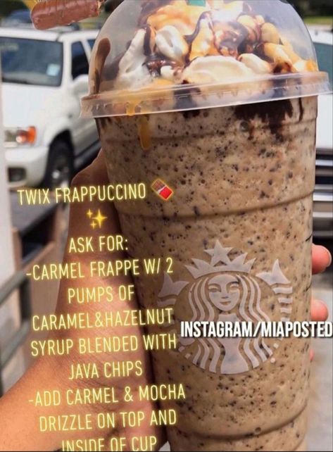 Twix Frappuccino Starbucks, Frappuccino Starbucks, Starbucks Secret Menu Recipes, Starbucks Drinks Diy, Secret Starbucks Recipes, Iced Starbucks Drinks, Coffee Recipes Starbucks, Resep Smoothie, Healthy Starbucks Drinks