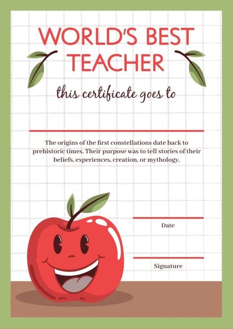 Hand-drawn Child-like Apple World's Best Teacher Appreciation Certificate Appreciation Certificate, Teacher Certification, Brand Kit, Editing Tools, Used Tools, Template Ideas, Certificate Templates, Best Teacher, Free Graphic Design