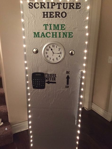 Cardboard Time Machine, Time Machine Door, Time Travel Decorations Vbs, Time Travel Decorations, Diy Time Machine, Time Machine Decorations, Time Machine Party, Time Travel Party, Bible Club Ideas