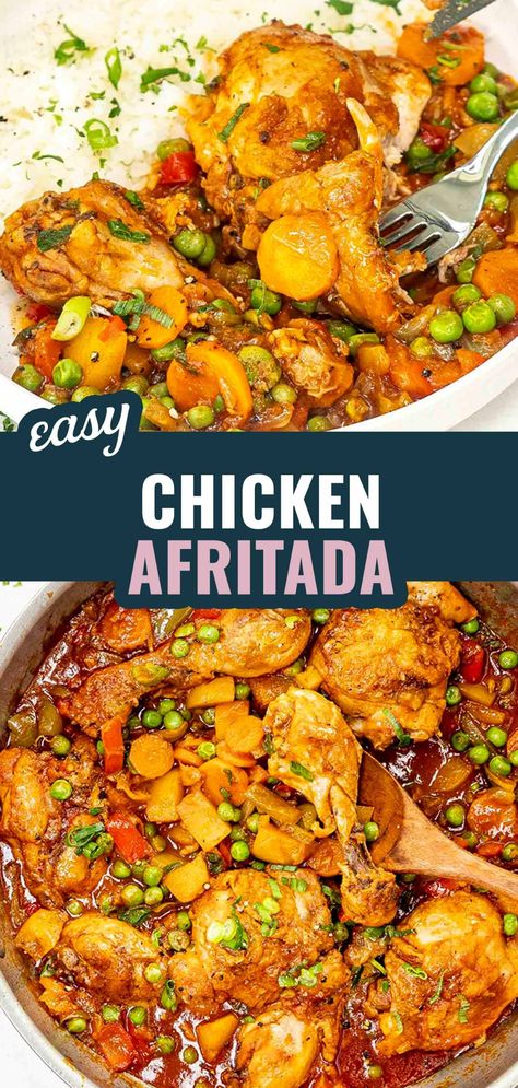 Looking for a hearty and flavorful dinner idea? 🍲 Try this delicious Chicken Afritada loaded with tender chicken, veggies, and rich tomato sauce. It's a comforting one-pot meal your family will love! ❤️ #ChickenAfritada #FilipinoFood #ComfortFood #OnePotMeals #DinnerIdeas Potatoes And Bell Peppers, Chicken Afritada Recipe, Chicken Afritada, Stew With Chicken, Chicken Curry Recipe Easy, Brownie Pudding, Curry Recipes Easy, Flavorful Dinner, Jo Cooks