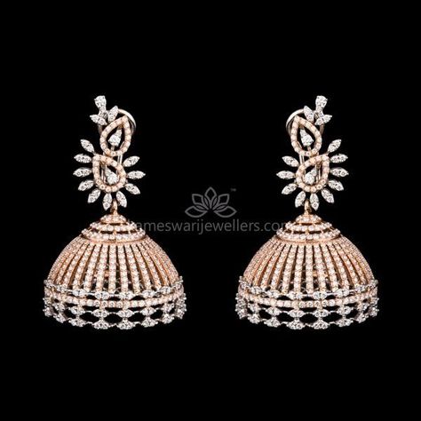 Trendsetter! Rose n White Gold! Diamond Buttalu, Jewellers Shop, Exclusive Earrings, Diamond Jhumkas, Kameswari Jewellers, Buy Earrings Online, Gold Jhumka Earrings, Diamond Earrings Design, Diamond Necklace Designs