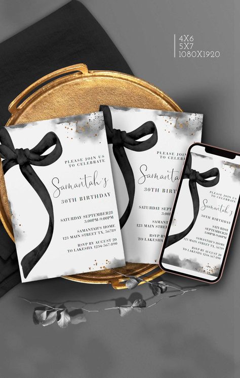 Black Bow invitation, Black and white invites, Black Bow birthday template for Her, Evite Mobile Digital Download Corjl ANY AGE Black Bow Party, Black Birthday Invitations, Black And White Invitations, 34 Birthday, Festa Black, Bow Invitation, Bow Birthday, 18th Bday, 34th Birthday