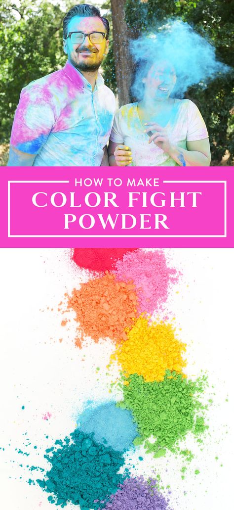 How to make color powder! An easy DIY tutorial for creating colorful powder for a color fight or color run. So simple and so fun. You can use color powder for birthday parties, graduations, gender reveals, baby showers, weddings, and lots more. Click for the recipe. Color Run Powder, Costume Ideas For Kids, Ty Dye, Holi Powder, Color Wars, Powder Dye, Holi Colors, Colored Chalk, Diy Chalk