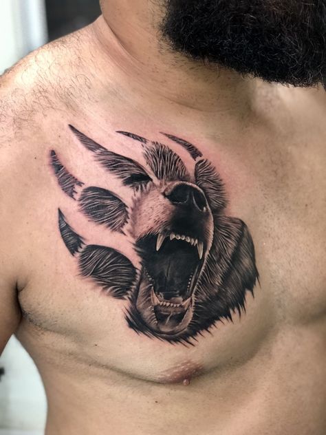 Bear Paw Tattoo For Men, Bear Print Tattoo, Back Shoulder Tattoo Men, Shoulder Tattoo Men Ideas, Tattoos For Chest, Men Shoulder Tattoo, Shoulder Tattoos For Men, Bear Claw Tattoo, Grizzly Bear Tattoos