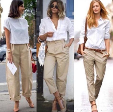 Khaki Pants Outfit, White Shirt Outfits, Womens Chinos, Women Outfit, Outfits Verano, 가을 패션, 여자 패션, White Shirts, Street Style Outfit