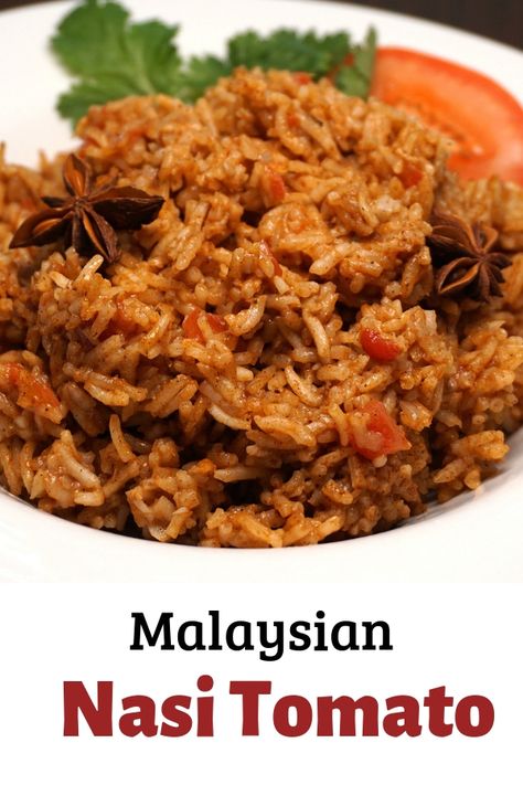 Nasi Tomato Recipe - Malaysian Basmati Rice seasoned with tomatoes, ginger, garlic, shallots and a spice blend with star anise and cinnamon. This delicious rice is often served with another classic dish, Ayam Mesak Merah, (tomato chicken curry). Visit our site to view our entire collection of classic Malaysian recipes! #Basmati #MalaysianCuisine #Nasi Nasi Tomato, Malaysian Recipes, Masakan Malaysia, Armenian Food, Noodle Soups, Rice Fried, Tomato Recipe, Tomato Chicken, Delicious Rice