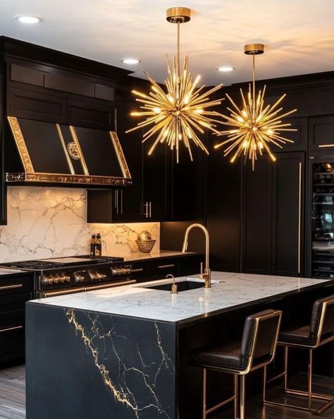 Black Quartz With Gold Veining, Black White Grey Gold Kitchen, Black And Gold Backsplash Kitchen, Black White And Gold Kitchen Decor, Gold Countertop, Modern Setup, Black Gold Kitchen, Golden Kitchen, Gold Kitchen Hardware