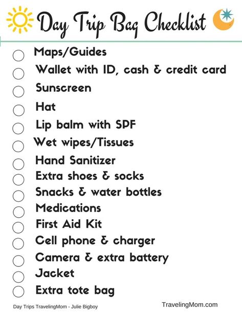 How to Pack a Well-Stocked Day Trip Bag - Free Printable Checklist! What To Pack For A Day Trip, One Day School Trip Packing List, 1 Day Trip Packing List, Day Trip Bag Essentials, 3 Day Beach Trip Packing List, One Day Beach Trip Packing Lists, Week Long Beach Packing List, Packing Checklist For Vacation Beach, Travel Bag Packing