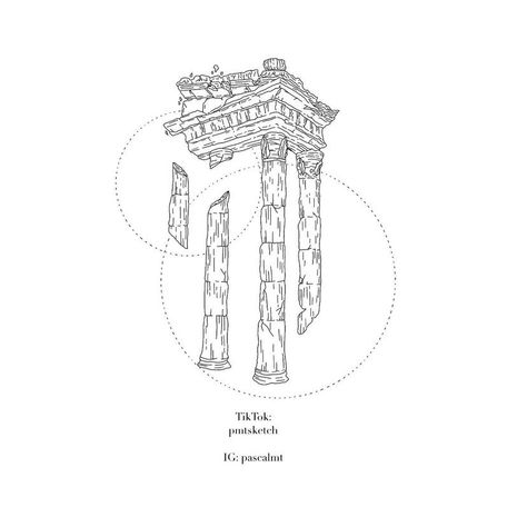 Geek Mythology Tattoo, Greek Architecture Tattoo, Parthenon Tattoo, Theatre Tattoo Ideas, Greek Art Tattoo Minimalist, Greece Tattoo Mythology, Olympus Tattoo, Ancient Rome Tattoo, Pillar Tattoo