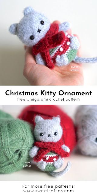 Christmas Kitty · Free Amigurumi Crochet Pattern - Sweet Softies | Amigurumi and Crochet Crochet Knit Blanket, Christmas Kitty, Crochet Sun Hat, Cat Amigurumi, Diy Magazine, Holiday Crochet, Crochet Christmas Ornaments, Christmas Crochet Patterns, Crochet For Home