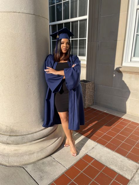 Graduation Dress With Black Cap And Gown, Navy Blue Cap And Gown Graduation Outfit, Black Graduation Gown Outfit, Blue Graduation Gown Outfits, Blue Cap And Gown Graduation Outfit, Cap And Gown Outfit, Blue Cap And Gown, Blue Graduation Gown, Graduation Outfit Ideas High School