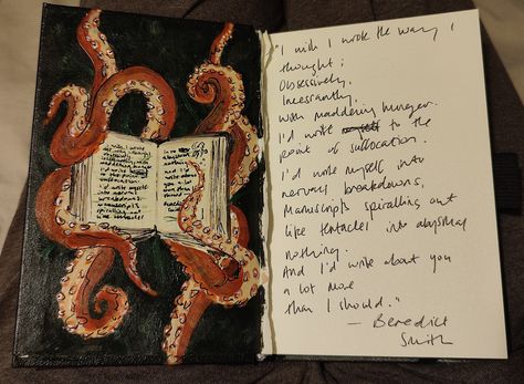 a double page of my notebook inspired by a line from I wish I wrote the way I thought - 'manuscripts spiralling out like tentacles into abysmal nothing' I Wish I Wrote The Way I Thought, Benedict Smith, My Notebook, No Way, A Line, The Way, Notebook, Writing, Quotes