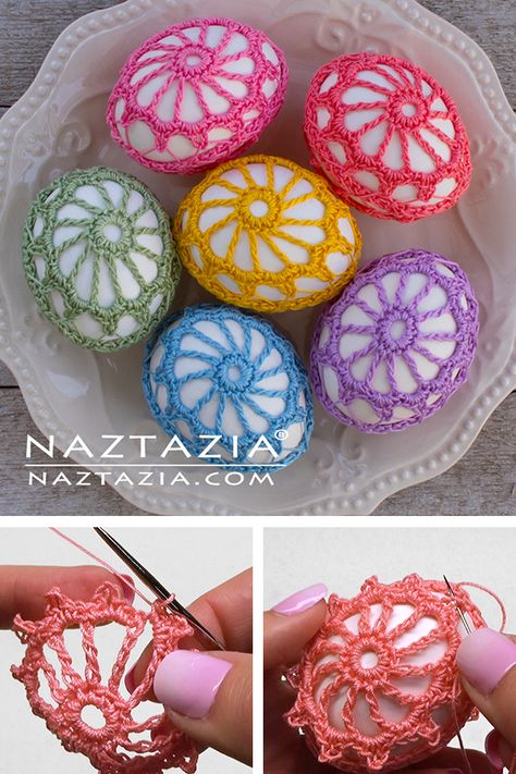 Crochet Lace Covered Eggs - Naztazia ® Crochet Stone, Rabbit Crafts, Afghans Crochet, Easter Egg Pattern, Crochet Easter, Spring Decorations, Easter Crochet Patterns, Crochet Wall Hangings, Crochet Humor