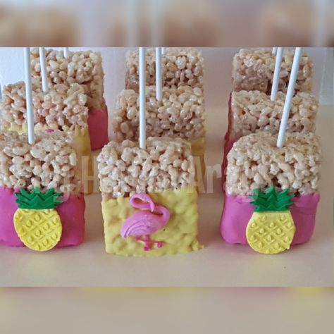 Flamingo Rice Krispy Treats, Hawaiian Rice Krispie Treats, Hawaiian Rice, Gracie Birthday, Luau Party Food, Flamingo Birthday Party, Krispy Treats, Luau Theme, Rice Krispy