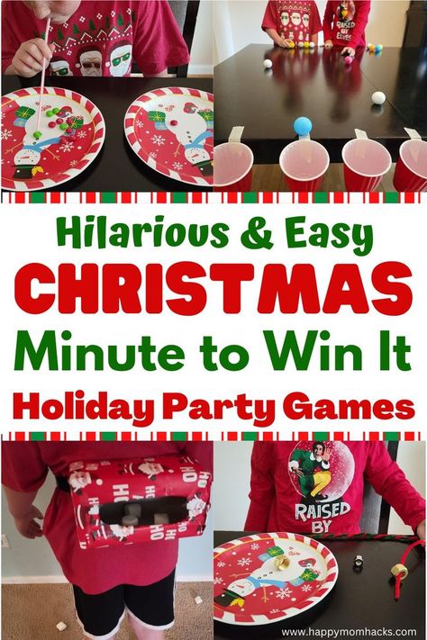 1 Minute Games, Minute To Win It Games Christmas, Christmas Minute To Win It, Kid Holiday Games, Family Christmas Party Games, Christmas Games To Play, Easy Christmas Party, Classroom Party Games, Christmas Competitions