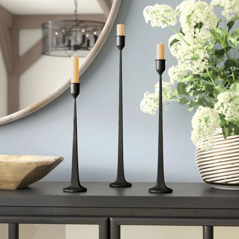 Three Posts™ Olivarez 3 Piece Iron Tabletop Candlestick Set & Reviews | Wayfair Tall Candle Stands, Iron Candle Holders, Iron Candlesticks, Tiny House Decor, Iron Candle, Votive Holder, Taper Candle Holders, Candle Holder Set, Candle Stand