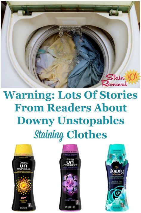 Warning: Lots of stories from readers of Stain Removal 101 about Downy Unstopables causing staining on their laundry {on Stain Removal 101} #DownyUnstopables #StainRemoval #LaundrySupplies Downy Unstoppables, Downy Unstopables, Laundry Scents, Scent Booster, Cleaner Recipes, Deep Cleaning Tips, Bathroom Cleaning Hacks, Blue Stain, Stain Removal