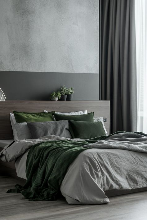 Create a serene and stylish haven with these 27 green and gray bedroom ideas. Explore different shades of green and gray to find the perfect combination for your space. Discover how to incorporate this color palette into your bedroom design for a truly relaxing atmosphere. Grey Bed Colour Schemes, Hunter Green And Grey Bedroom, Grey Bed Green Bedding, Green Grey And Gold Bedroom, Sage And Charcoal Bedroom, Olive Green Gray And Black Bedroom, Gray Bedroom Color Palette, Grey Bedroom With Green Accents, Gray Bedroom Walls Ideas