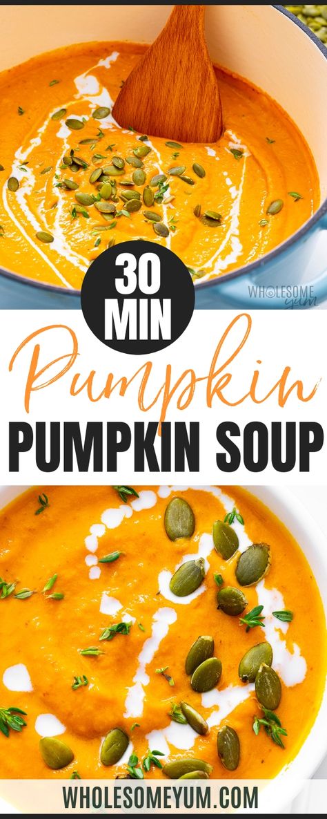 My easy pumpkin soup recipe uses simple ingredients and takes just 30 minutes. It's thick, creamy, and so cozy for fall! Recipes With Pumpkin Guts, Recipes For Pumpkin Guts, Healthy Pumpkin Soup Clean Eating, Simple Pumpkin Soup, Easy Pumpkin Soup Recipe, Creamy Roasted Pumpkin Soup, Pumpkin Carrot Soup, Cauliflower Cheese Soup, Soup Cauliflower