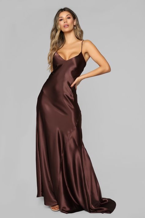 Tiffany Keller - Fashionnova    2019 Silk Dress With Sleeves, Brown Satin Dress, Silk Dresses Outfit, Brown Silk Dress, White Maxi Dress Boho, Silk Prom Dress, Brown Maxi Dresses, Short Dress White, Boho Dresses Long