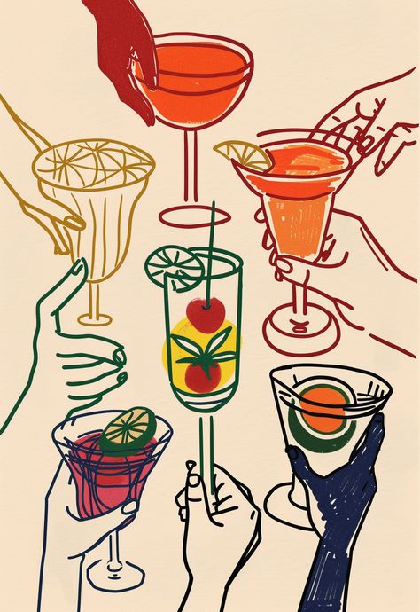 Simple line drawings of hands holding various cocktails in colorful ink, inspired by Matisse and Henri. The post Cute Cocktail Line Drawings appeared first on The Candie | Inspirational Digital Art by The Candie. Line Art Cocktail, Simple Digital Drawing Ideas, Cocktail Line Drawing, Cocktail Art Print, Cocktail Drawing Simple, Line Painting Ideas, Henri Matisse Wallpaper, Drawings Of Hands Holding, Cocktail Art Illustration