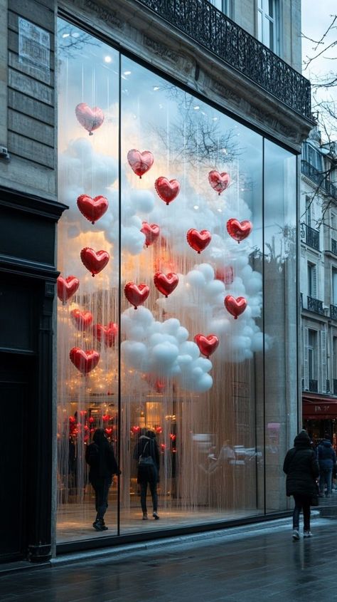 Valentine Boutique Window Display, Valentines Salon Decor, Paris Valentines Day Aesthetic, Valentines Day Installation, Net Decoration Ideas, Valentine Installation, Opening Decoration, Anthropologie Window Display, Valentines Window Display